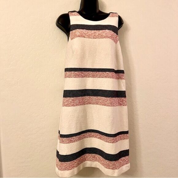 Ann Taylor Boucle Shift Dress Cream Blue Red Stripe Sleeveless Classic 10 - Picture 2 of 8